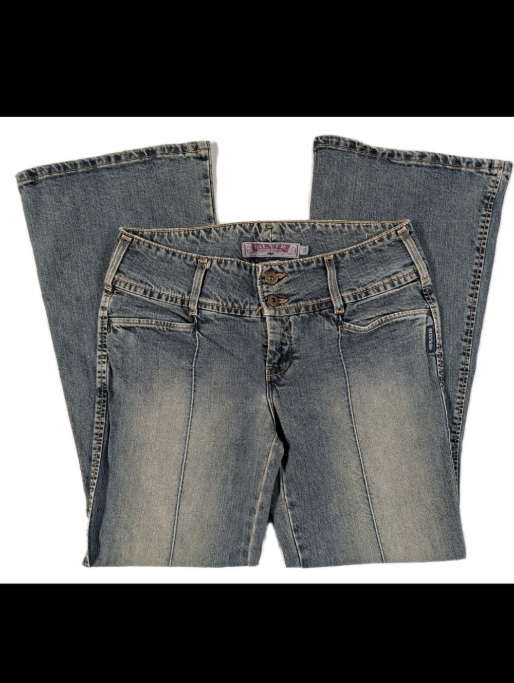 Vintage Y2K Silver Jeans Womens 32x31 Mid Rise Pocketless Flare Front Seam